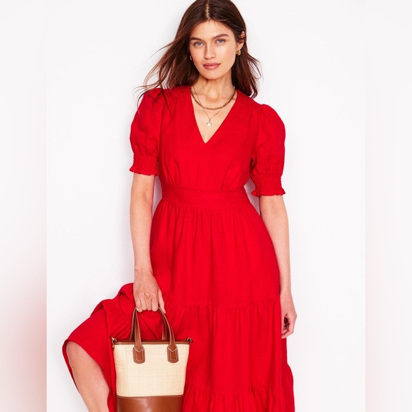 NWT Boden Anna Linen Tiered Midi Dress in Poppy Red - Picture 4 of 12